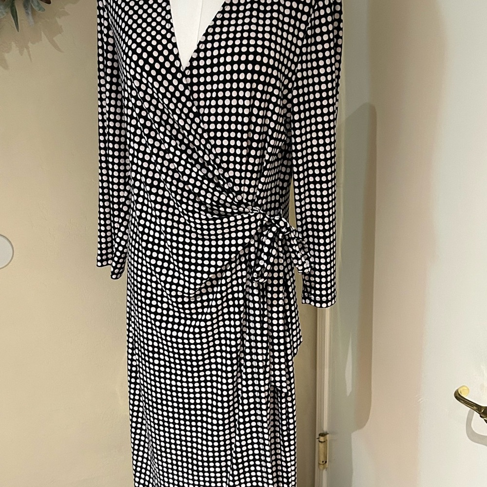 Anne Klein Black and White Polka Dot Faux Wrap Dress